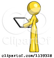 Poster, Art Print Of Yellow Design Mascot Woman Looking At Tablet Device Computer With Back To Viewer
