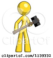 Poster, Art Print Of Yellow Design Mascot Woman With Sledgehammer Standing Ready To Work Or Defend