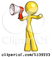 Yellow Design Mascot Woman Shouting Into Megaphone Bullhorn Facing Left