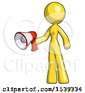Poster, Art Print Of Yellow Design Mascot Woman Holding Megaphone Bullhorn Facing Right