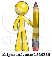 Poster, Art Print Of Yellow Design Mascot Man With Large Pencil Standing Ready To Write
