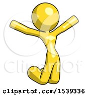 Yellow Design Mascot Woman Jumping Or Kneeling With Gladness