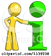Poster, Art Print Of Yellow Design Mascot Man With Info Symbol Leaning Up Against It