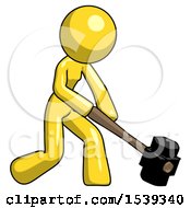 Poster, Art Print Of Yellow Design Mascot Woman Hitting With Sledgehammer Or Smashing Something At Angle