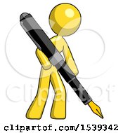 Yellow Design Mascot Woman Drawing Or Writing With Large Calligraphy Pen