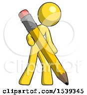 Yellow Design Mascot Woman Drawing With Large Pencil