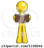 Yellow Design Mascot Man Reading Book While Standing Up Facing Viewer
