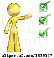 Poster, Art Print Of Yellow Design Mascot Woman Standing By A Checkmark List Arm Extended