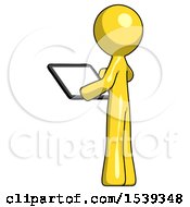 Poster, Art Print Of Yellow Design Mascot Man Looking At Tablet Device Computer With Back To Viewer