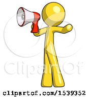 Poster, Art Print Of Yellow Design Mascot Man Shouting Into Megaphone Bullhorn Facing Left