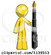 Yellow Design Mascot Man Holding Giant Calligraphy Pen