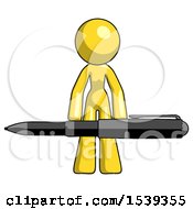 Poster, Art Print Of Yellow Design Mascot Woman Lifting A Giant Pen Like Weights