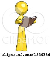 Yellow Design Mascot Woman Reading Book While Standing Up Facing Away