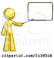 Yellow Design Mascot Woman Pointing At Dry-Erase Board With Stick Giving Presentation