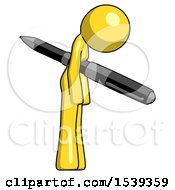 Yellow Design Mascot Woman Impaled Through Chest With Giant Pen