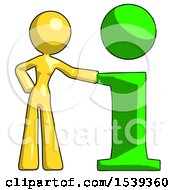 Poster, Art Print Of Yellow Design Mascot Woman With Info Symbol Leaning Up Against It
