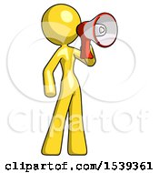 Yellow Design Mascot Woman Shouting Into Megaphone Bullhorn Facing Right
