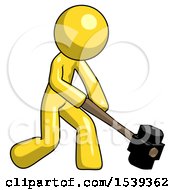 Poster, Art Print Of Yellow Design Mascot Man Hitting With Sledgehammer Or Smashing Something At Angle