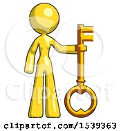 Yellow Design Mascot Woman Holding Key Made Of Gold
