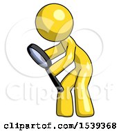 Poster, Art Print Of Yellow Design Mascot Man Inspecting With Large Magnifying Glass Left