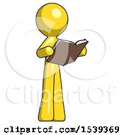 Yellow Design Mascot Man Reading Book While Standing Up Facing Away