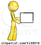 Poster, Art Print Of Yellow Design Mascot Woman Show Tablet Device Computer To Viewer Blank Area