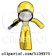 Poster, Art Print Of Yellow Design Mascot Woman Looking Down Through Magnifying Glass