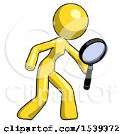 Poster, Art Print Of Yellow Design Mascot Woman Inspecting With Large Magnifying Glass Right