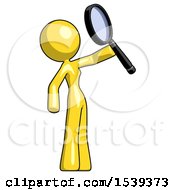 Poster, Art Print Of Yellow Design Mascot Woman Inspecting With Large Magnifying Glass Facing Up