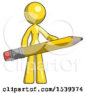 Poster, Art Print Of Yellow Design Mascot Woman Office Worker Or Writer Holding A Giant Pencil
