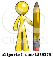 Poster, Art Print Of Yellow Design Mascot Woman With Large Pencil Standing Ready To Write