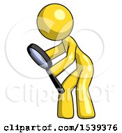 Poster, Art Print Of Yellow Design Mascot Woman Inspecting With Large Magnifying Glass Left