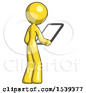 Poster, Art Print Of Yellow Design Mascot Woman Looking At Tablet Device Computer Facing Away