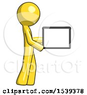 Poster, Art Print Of Yellow Design Mascot Man Show Tablet Device Computer To Viewer Blank Area