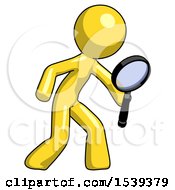 Poster, Art Print Of Yellow Design Mascot Man Inspecting With Large Magnifying Glass Right