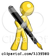 Yellow Design Mascot Man Drawing Or Writing With Large Calligraphy Pen