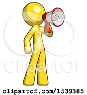 Poster, Art Print Of Yellow Design Mascot Man Shouting Into Megaphone Bullhorn Facing Right