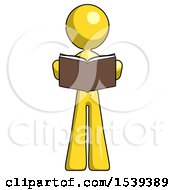 Yellow Design Mascot Woman Reading Book While Standing Up Facing Viewer