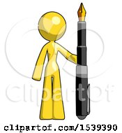 Yellow Design Mascot Woman Holding Giant Calligraphy Pen
