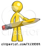 Yellow Design Mascot Man Writer Or Blogger Holding Large Pencil