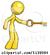 Poster, Art Print Of Yellow Design Mascot Woman With Big Key Of Gold Opening Something