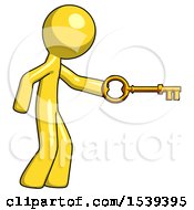 Yellow Design Mascot Man With Big Key Of Gold Opening Something