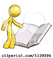 Yellow Design Mascot Woman Reading Big Book While Standing Beside It