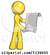 Yellow Design Mascot Man Holding Blueprints Or Scroll