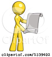 Poster, Art Print Of Yellow Design Mascot Woman Holding Blueprints Or Scroll