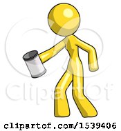 Yellow Design Mascot Woman Begger Holding Can Begging Or Asking For Charity Facing Left