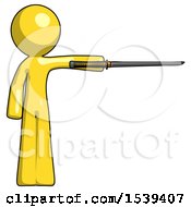 Yellow Design Mascot Man Standing With Ninja Sword Katana Pointing Right