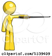 Poster, Art Print Of Yellow Design Mascot Woman Standing With Ninja Sword Katana Pointing Right