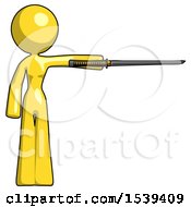 Yellow Design Mascot Woman Standing With Ninja Sword Katana Pointing Right