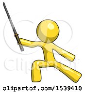 Poster, Art Print Of Yellow Design Mascot Man With Ninja Sword Katana In Defense Pose